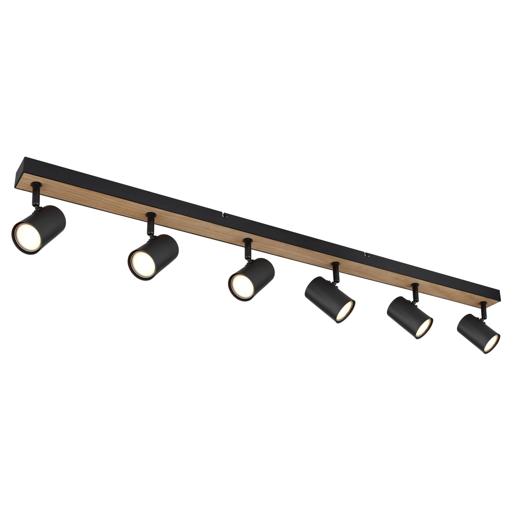 Lampe de plafond à 6 lumières Robby noir avec bois