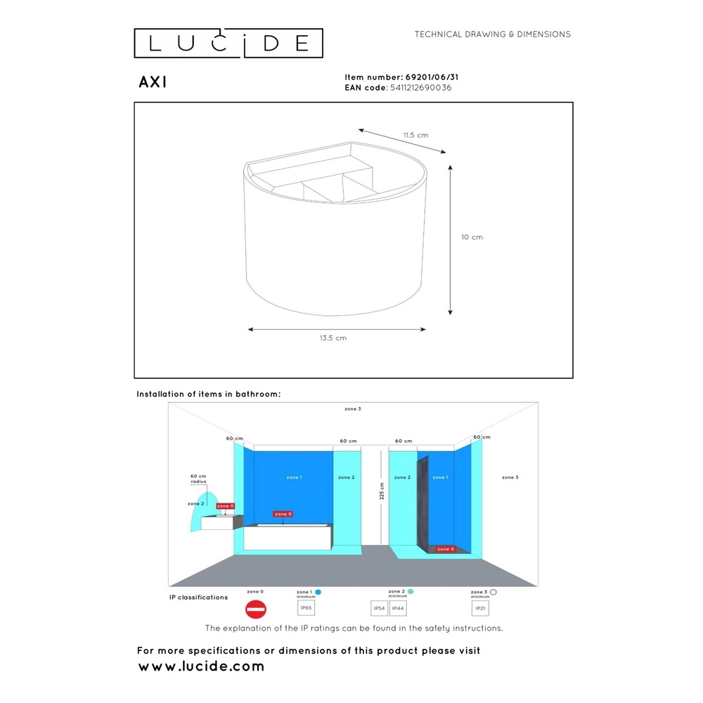 Projecteur mural carré Axi 2 x 3,5W IP54 blanc Lucide 5411212690036