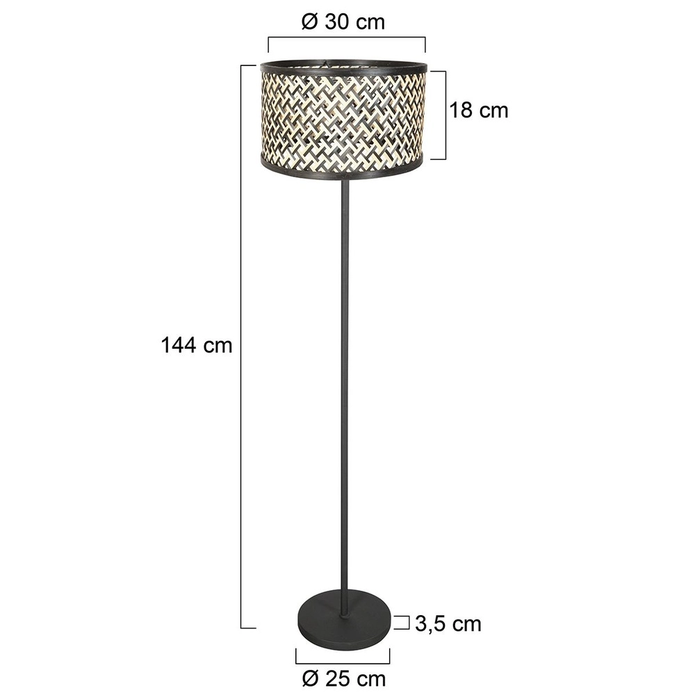 Lampadaire noir Noor avec rotin et capot noir Steinhauer 8712746182323