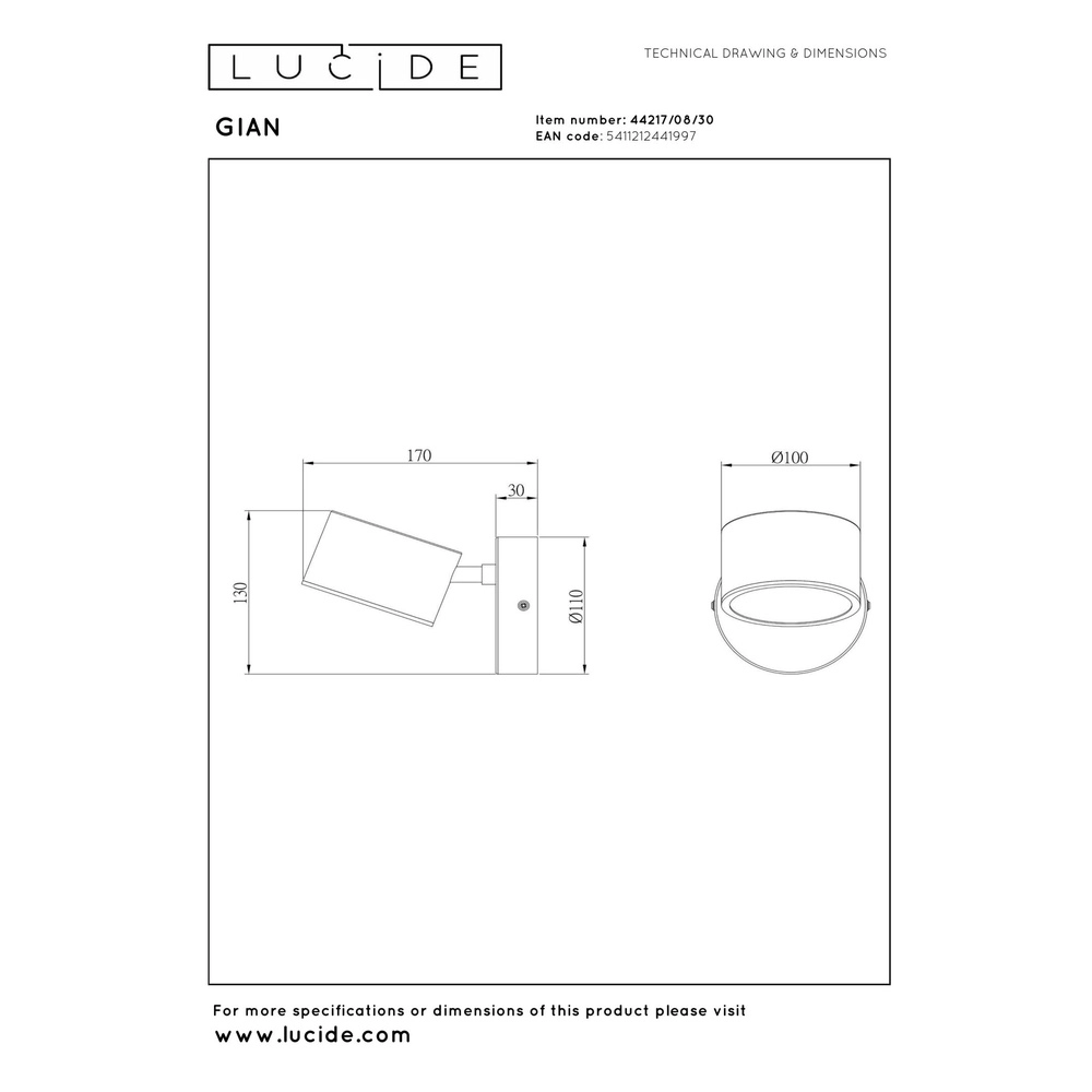 Lampe murale Gian Noir Lucide 5411212441997