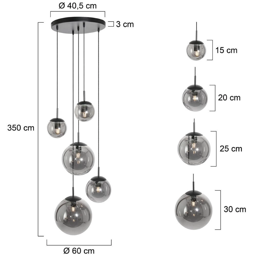 Lampe suspendue loft 5 lumières Bolique noir avec verre fumé Steinhauer 8712746133363