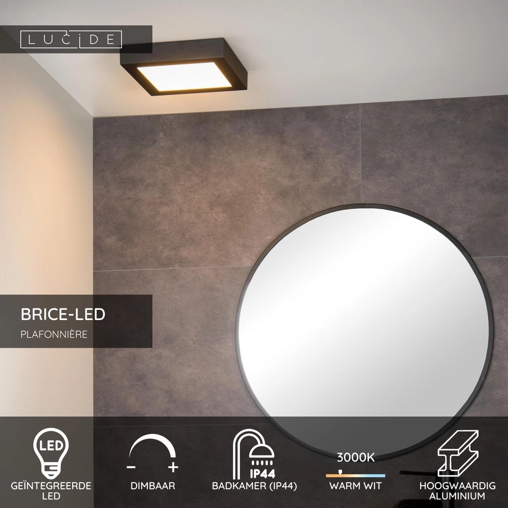 Éclairage de plafond Brice-Led 22 cm carrés IP44 noir Lucide 5411212281265