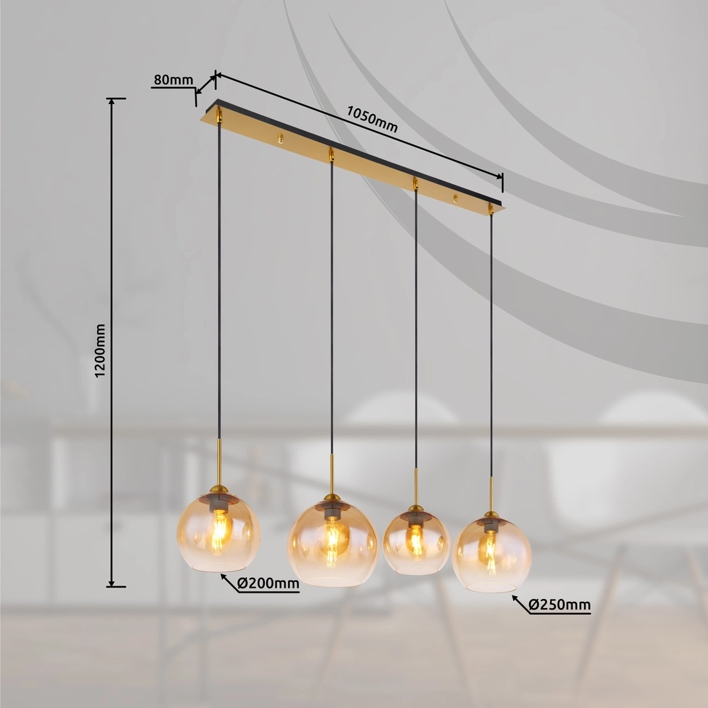 Lampe pendante dorée Jamessa 4 lumières avec verre ambré Globo 9007371432691