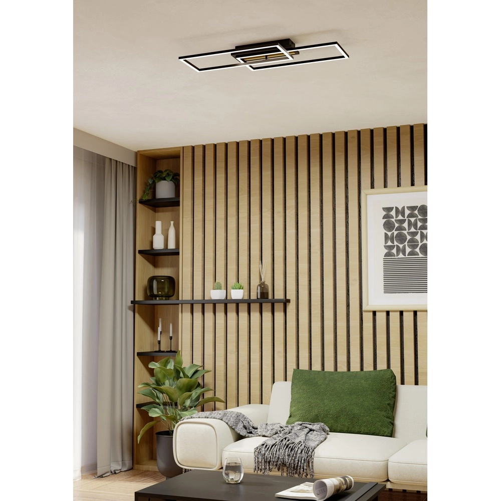 Lampe de plafond moderne Cembrano Rectangle noir avec bois Eglo 9008606388110