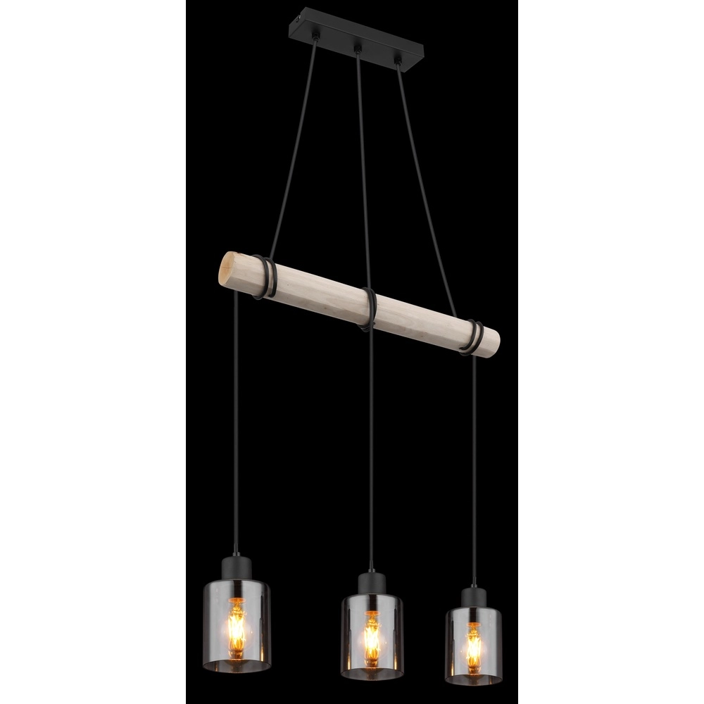 Lampe pendante à 3 lampes Hadera noir avec verre fumé Globo 9007371438419