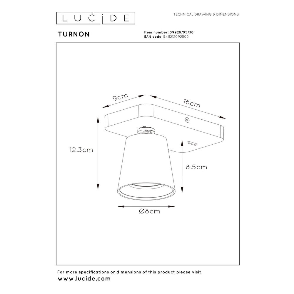 Lampe de chevet Turnon Noir faible à chaud Lucide 5411212092502