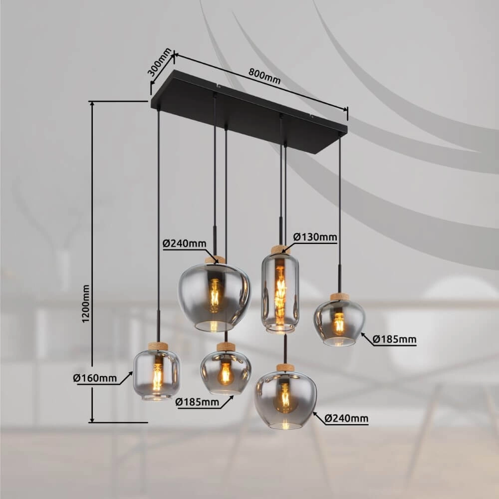 Lampe suspendue 6 lumières Matt noir avec du bois Globo 9007371441518