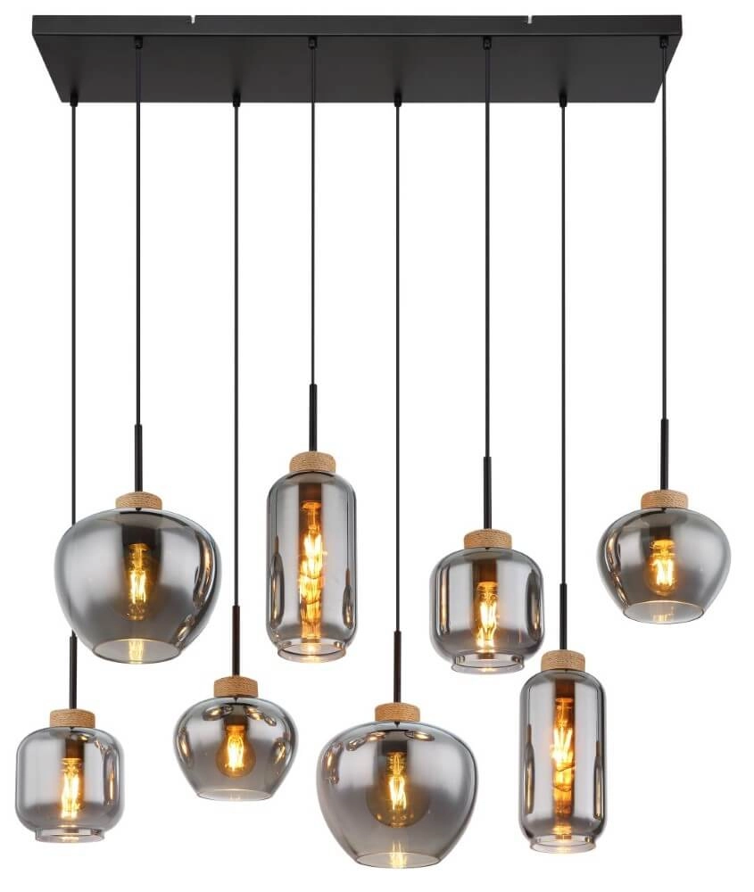 Lampe suspendue 8 lumières Matt noir avec du bois Globo 9007371444519
