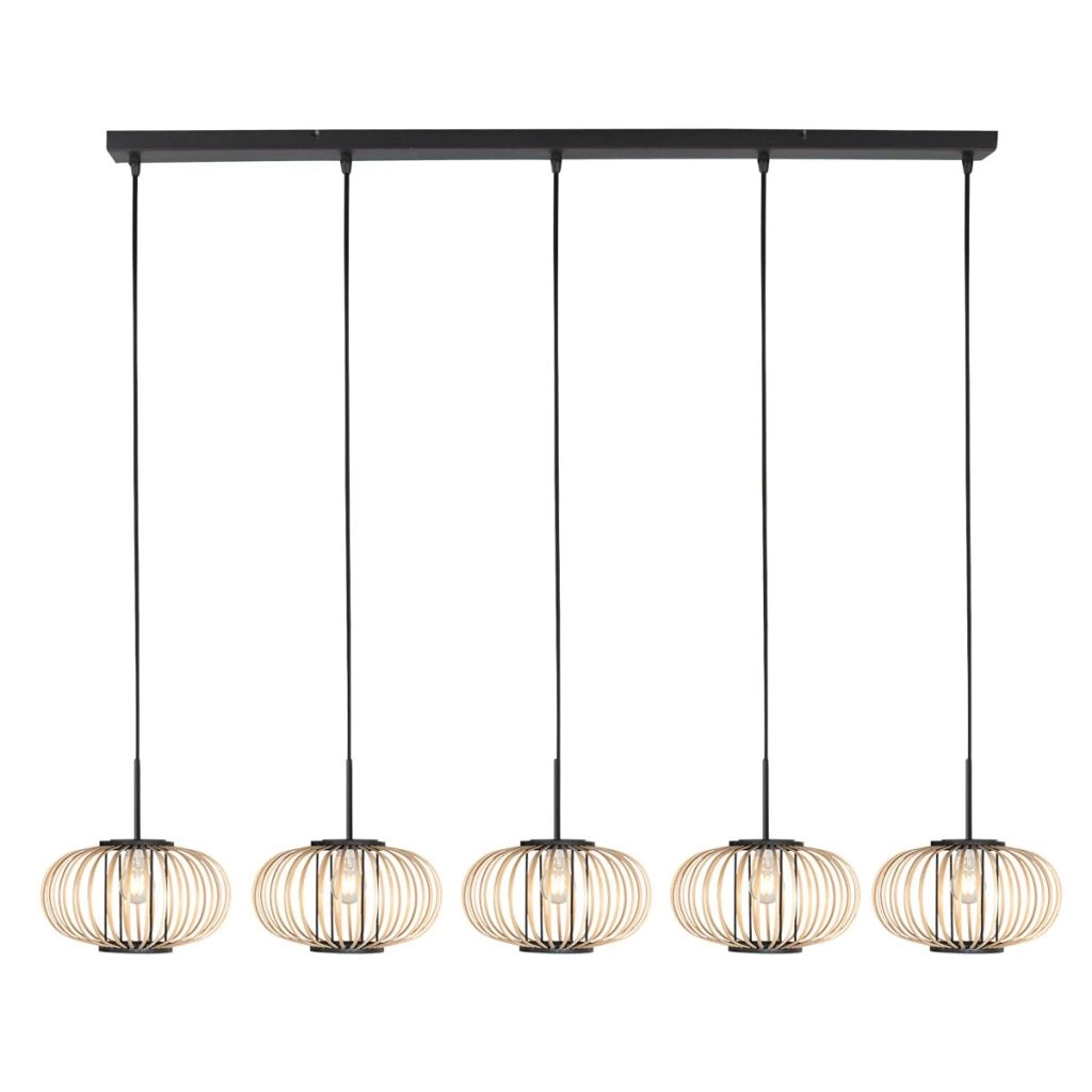 Lampe pendante à 5 lampes droite Silva avec des capuchons de bambou