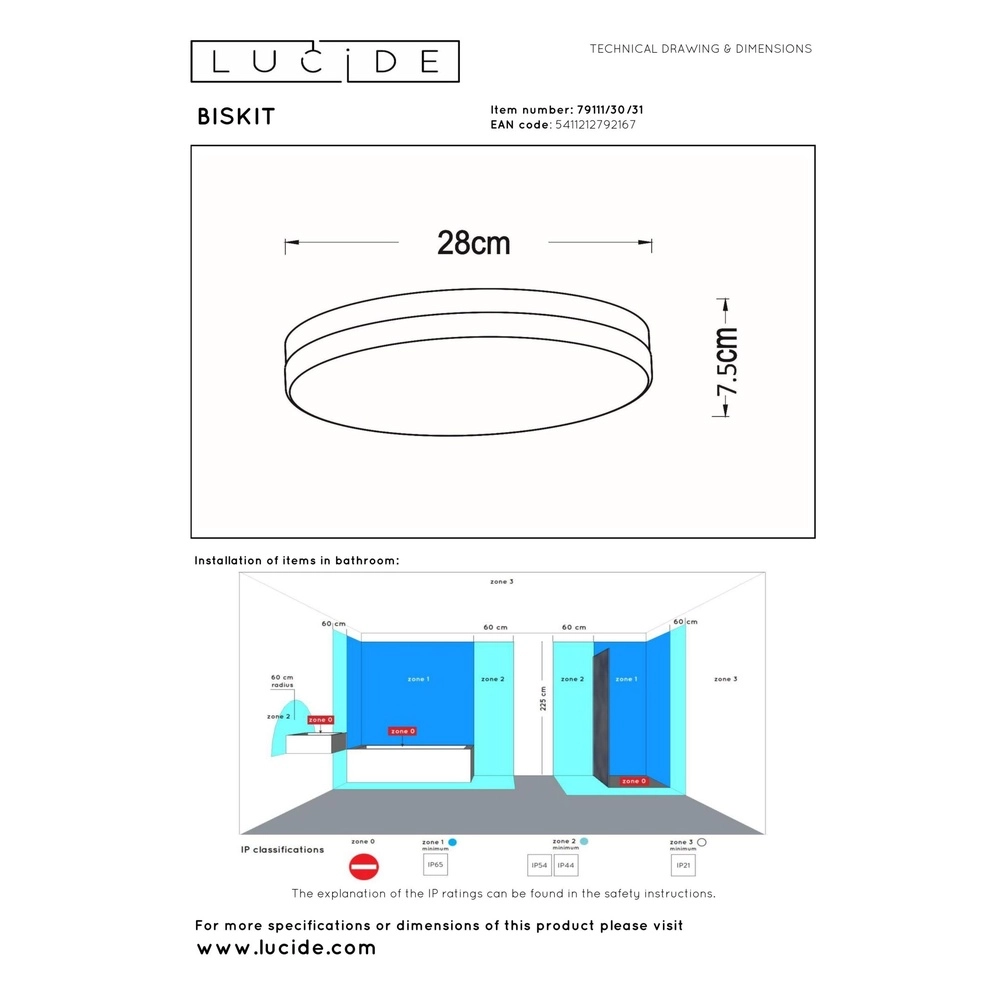 Éclairage de plafond Biskit Ø 28cm - IP44 blanc Lucide 5411212792167