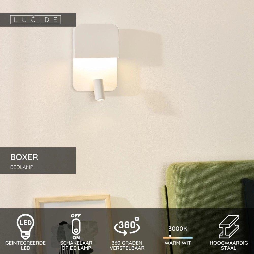 Lampe de chevet Boxer blanc avec point de charge USB Lucide 5411212791542