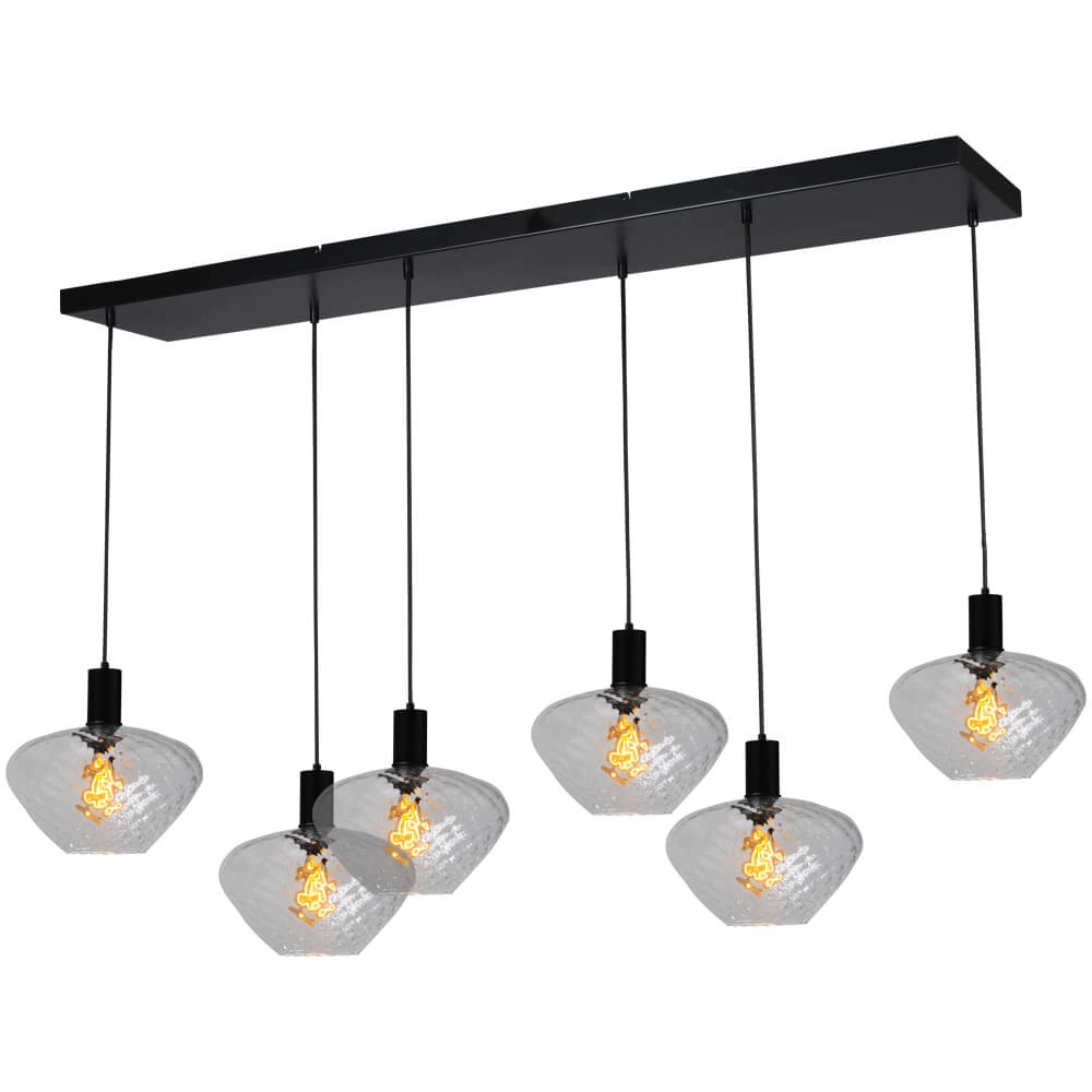 Lampe suspendue 6 lumières - noire - Porto avec verres transparents Blossom