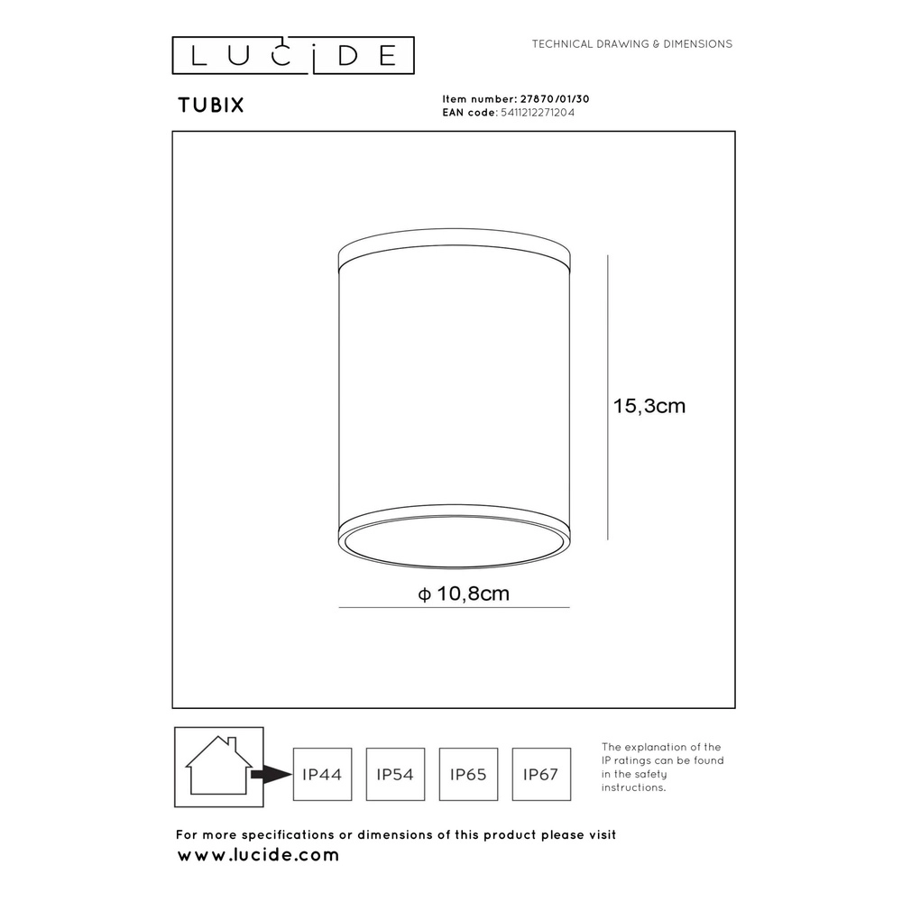 Projecteur de plafond Tubix IP54 noir Lucide 5411212271204