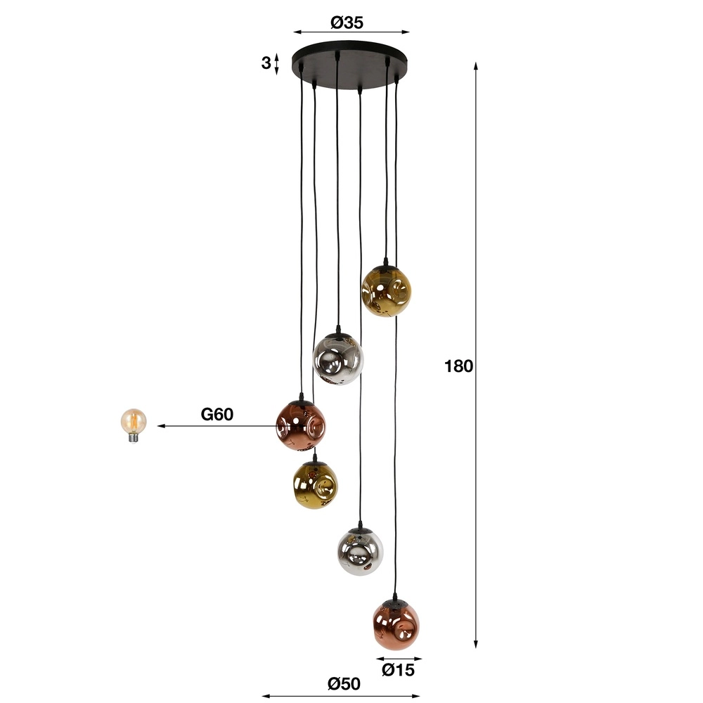 Lampe suspendue en verre Stellar 6 feux - Ø 15cm Lyora 8716803511651