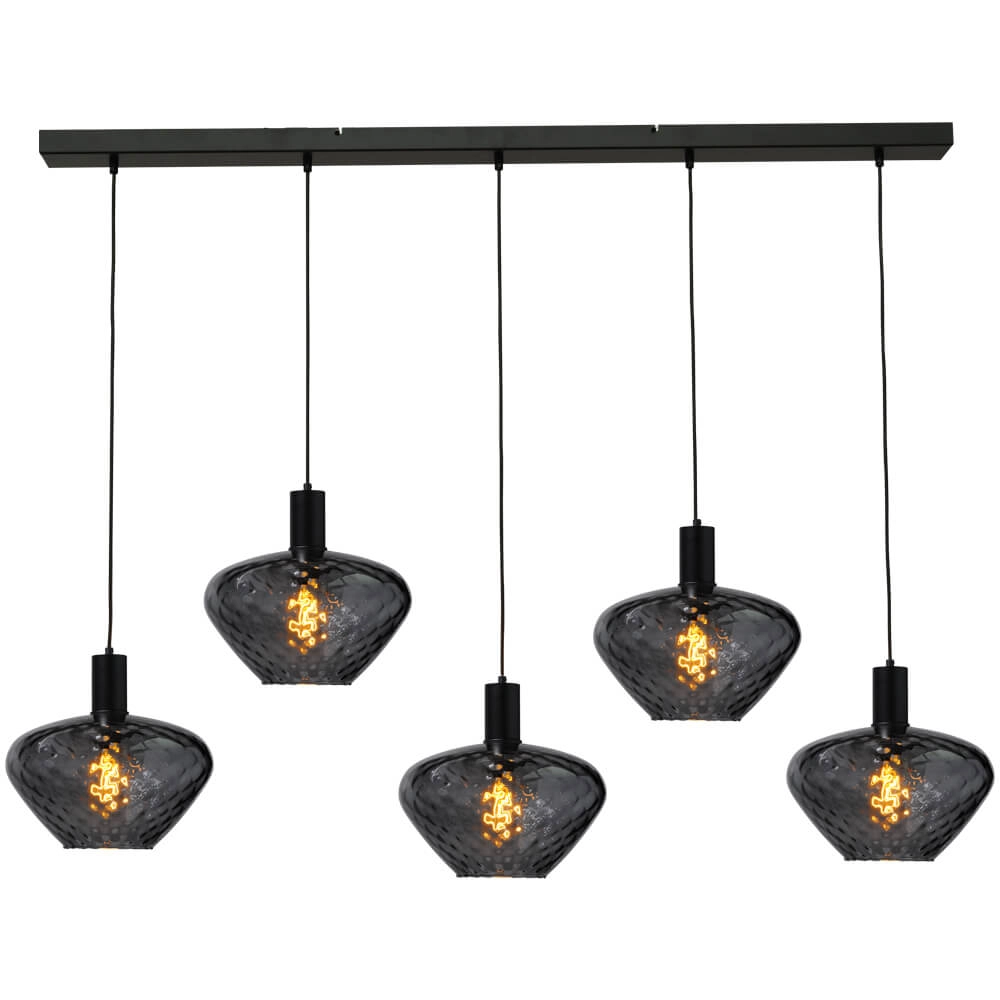 Lampe suspendue 5 lumières - noire - Porto avec des verres à fumée Blossom Lampe suspendue 5 lumières - noire - Porto avec des verres à fumée Blossom