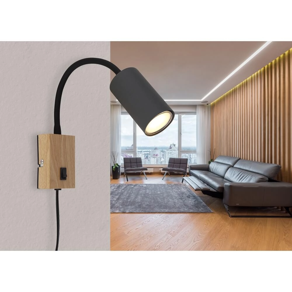 Applique murale noire Robby avec du bois Globo 9007371430574