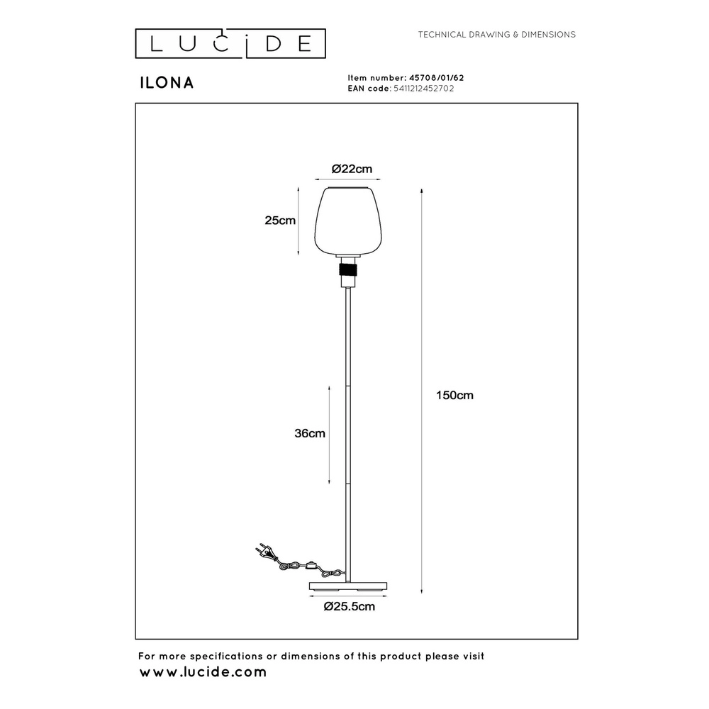 Lampe de pied Ilona noir avec verre ambré Lucide 5411212452702