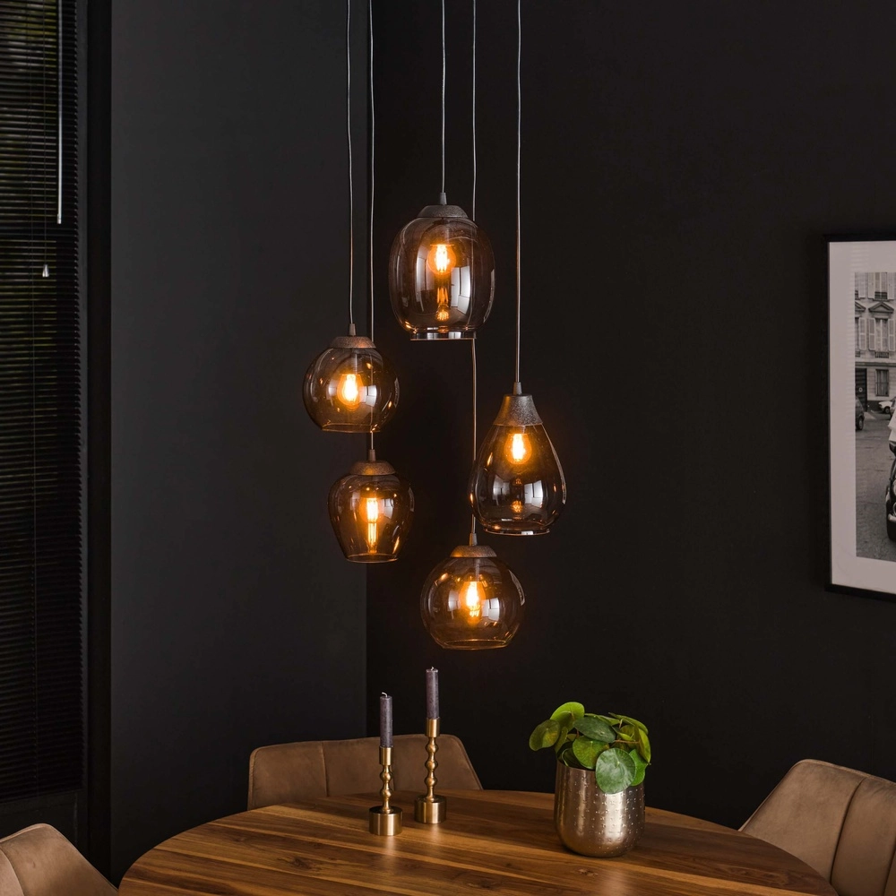 Lampe pendante de table à manger Mix 5x E27 - Ø 43cm - verre fumé
