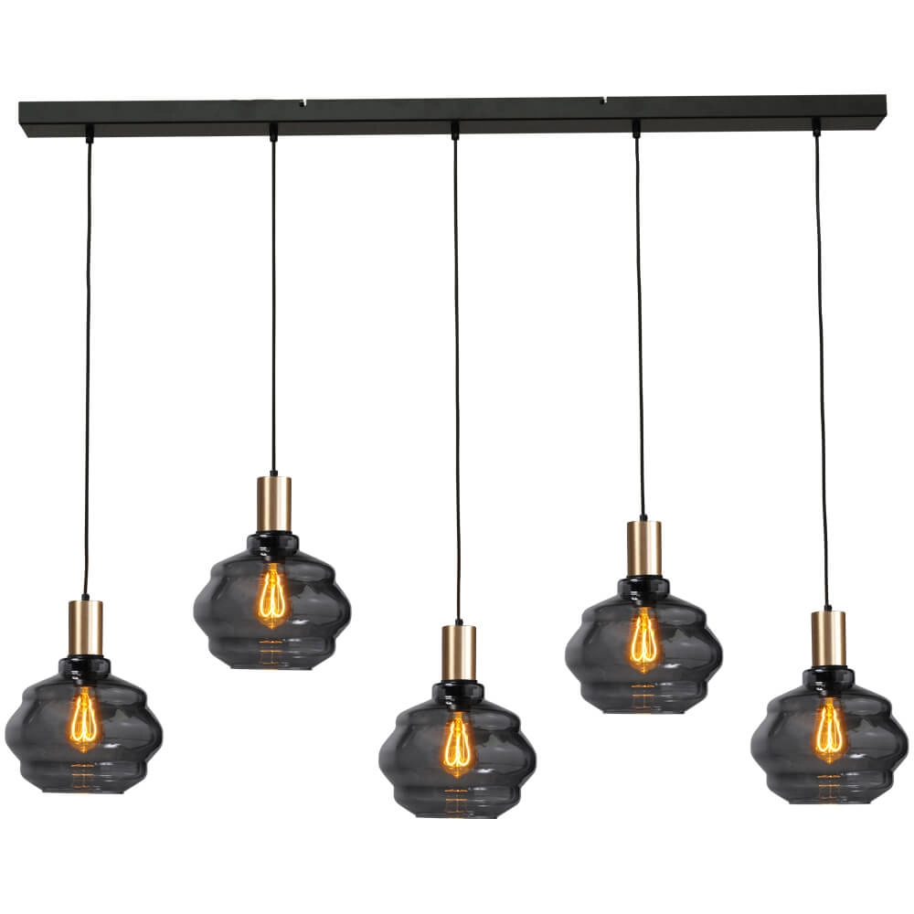 Lampe suspendue 5 lumières - dorée - Porto avec verres à fumée Ball - Ø 24cm Lampe suspendue 5 lumières - dorée - Porto avec verres à fumée Ball - Ø 24cm