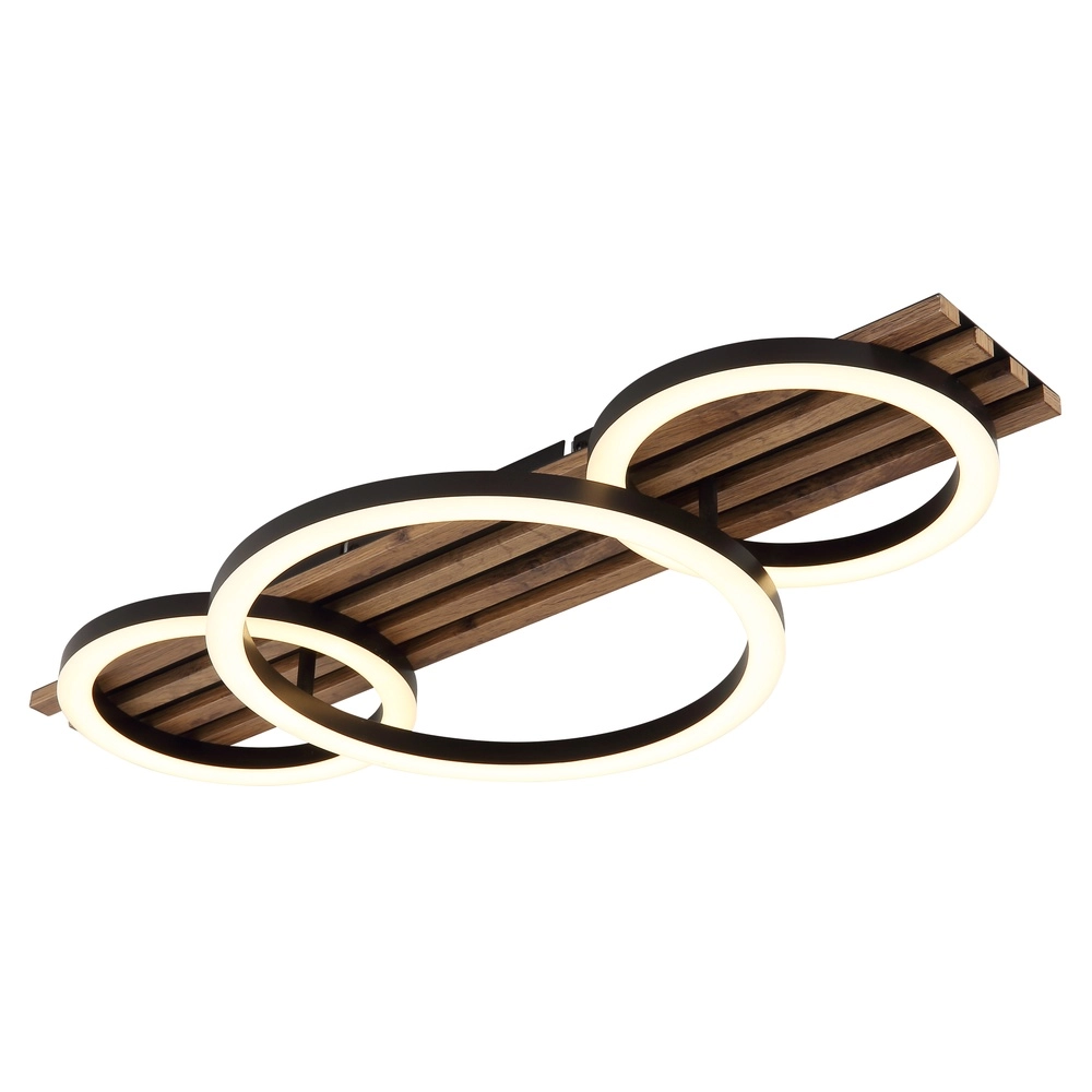 Lampe de plafond Tisha 3 anneaux noirs avec du bois
