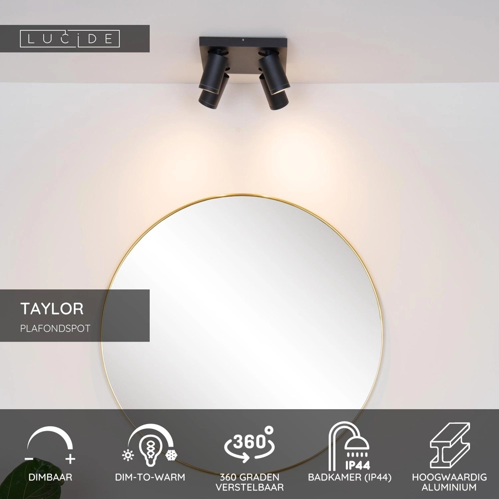 Projecteur de plafond Taylor IP44 noir à 4 lumières Lucide 5411212092670