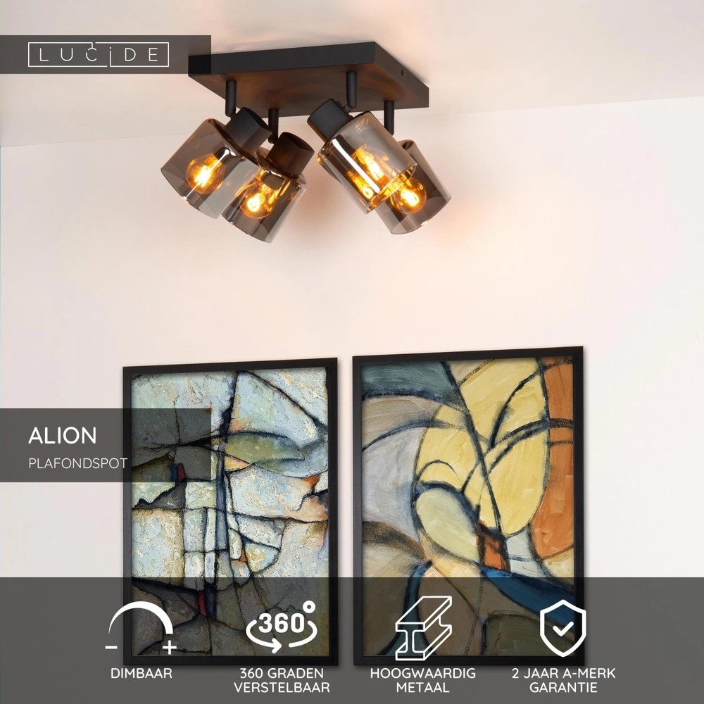 Lampe de plafond Alion Noir 4 clairs avec verre fumé Lucide 5411212177018