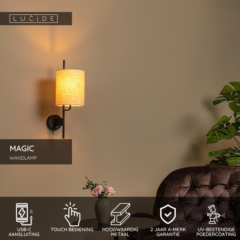 Lampe murale Magic noir avec un point de charge USB Lucide 5411212680051