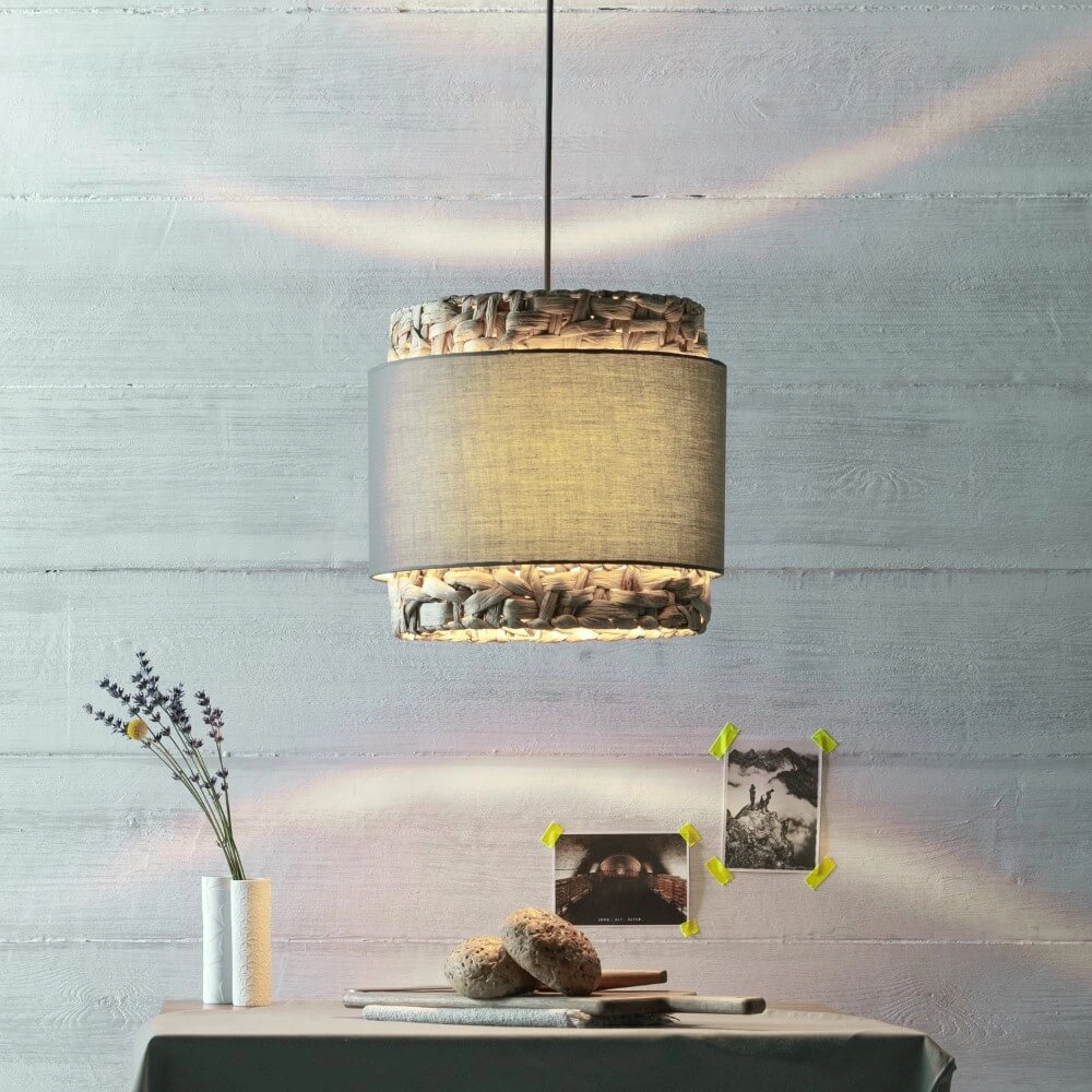 Lampe suspendue Waterlilly rotin avec tissu gris Brilliant 4004353411878