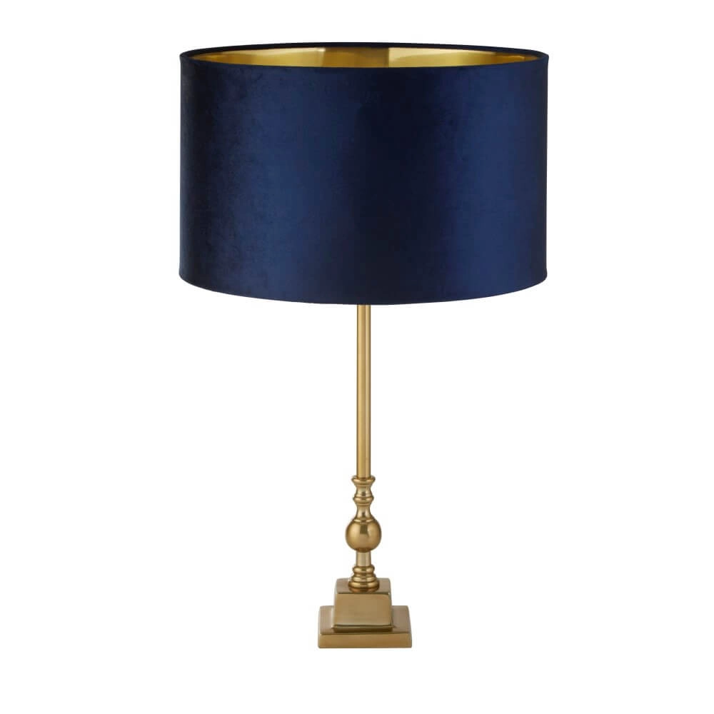 Lampe de table dorée Whitby avec capuche bleu foncé Lampe de table dorée Whitby avec capuche bleu foncé