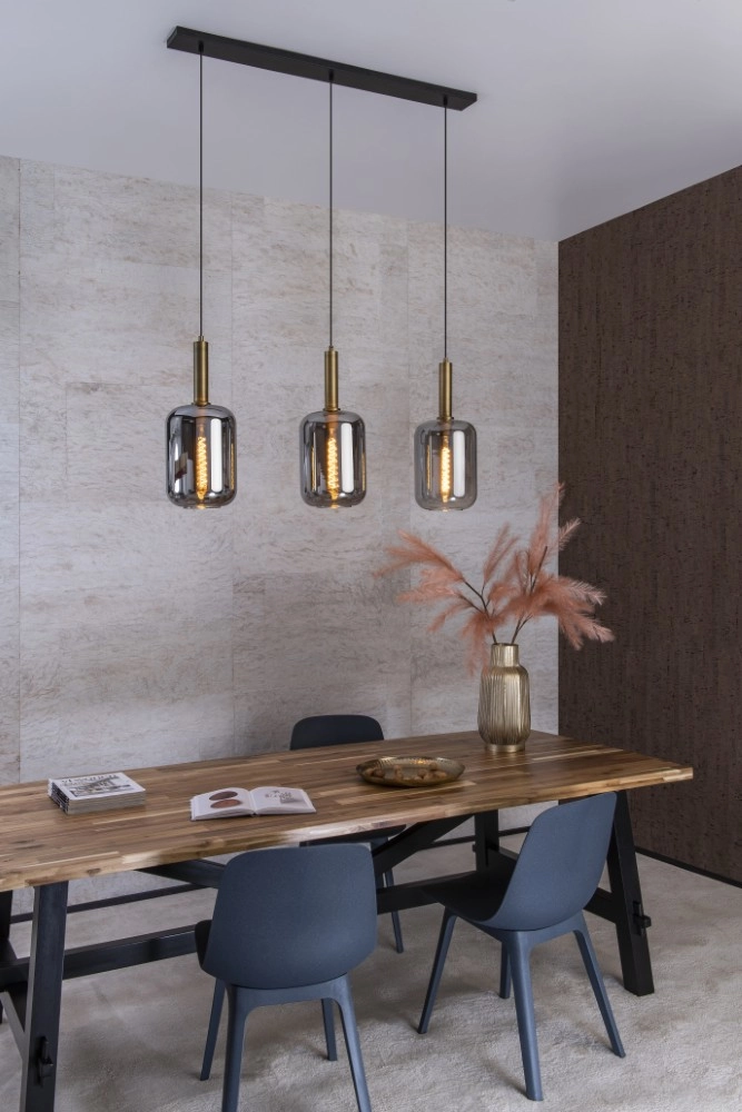 Lampe pendante à 3 liches Joanet Or droit avec verre fumé Lucide 5411212451989