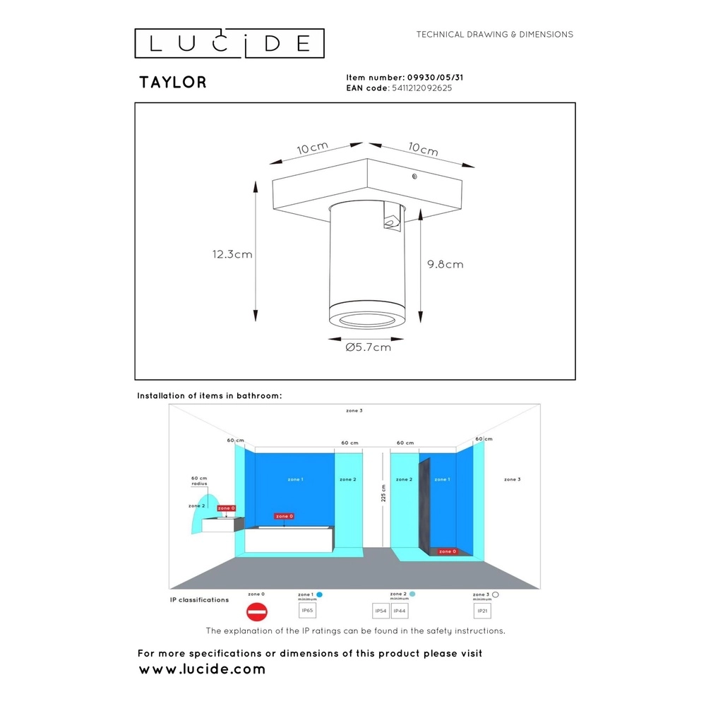 Projecteur de plafond Taylor IP44 blanc uniquement Lucide 5411212092625