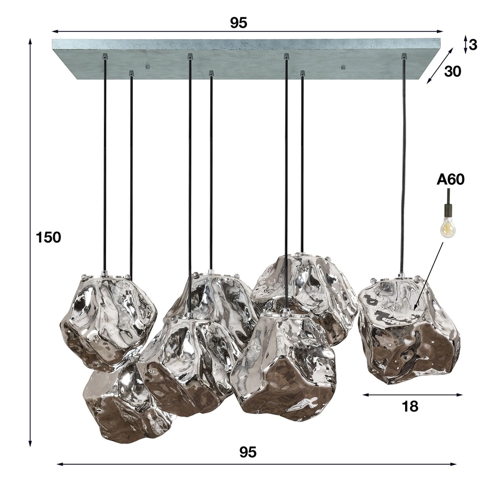 Lampe pendante de table à manger Rock 7 lumières - verre argenté Lyora 8716803511255