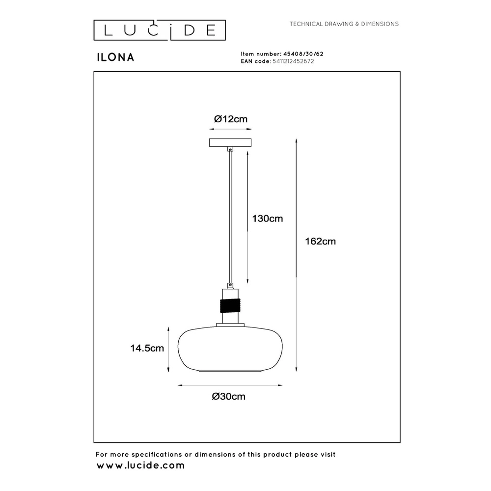 Lampe suspendue Ilona Ø 30 cm noir avec verre ambré Lucide 5411212452672