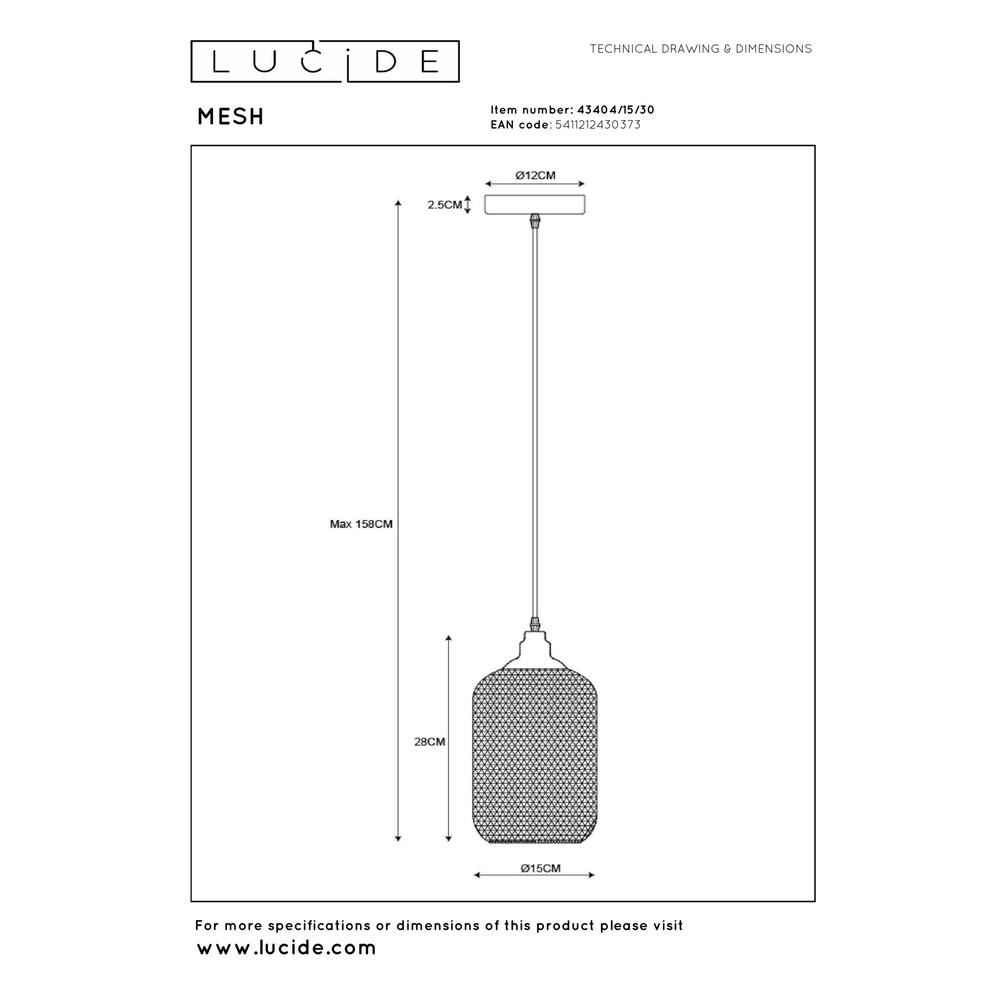 Lampe pendante en maille Mesh Ø 15 cm de noir Lucide 5411212430373