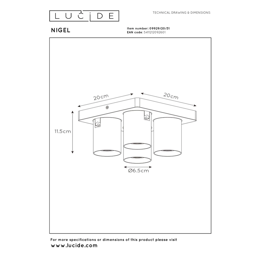 Projecteur de plafond Nigel Blanc à 4 lumières Lucide 5411212092601