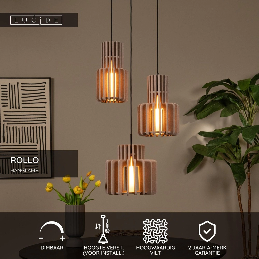 Lampe pendante de conception Rollo Brun sable clair à 3 Lucide 5411212452801