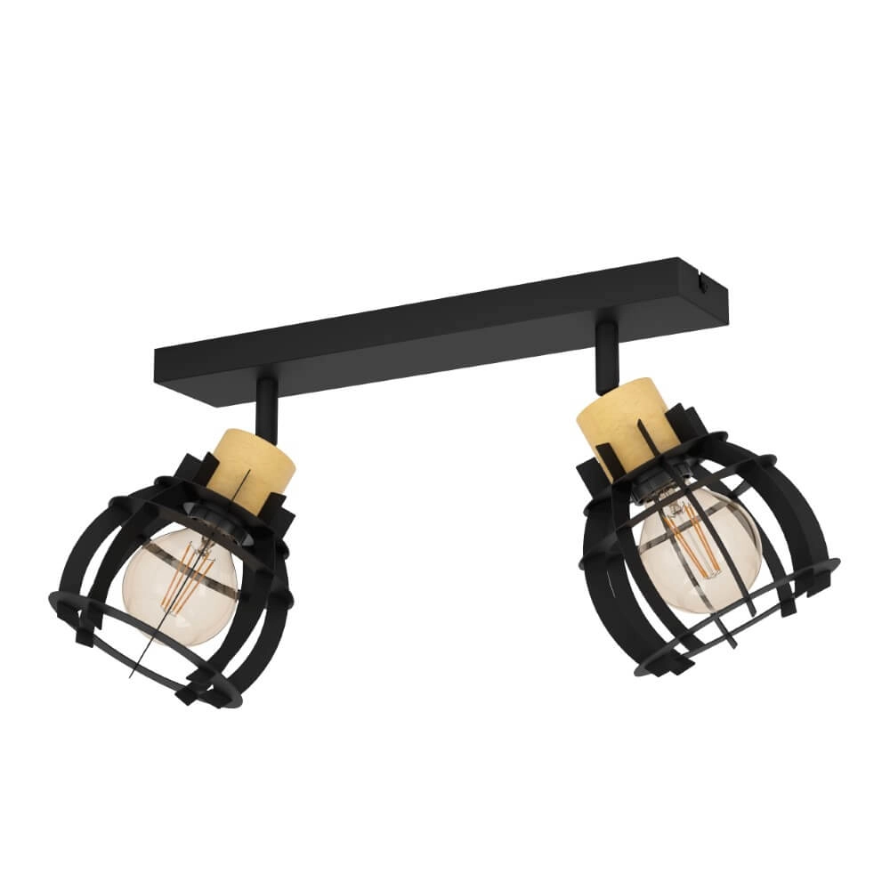 Plafonnier 2 lumières Stillington 1 noir avec du bois Plafonnier 2 lumières Stillington 1 noir avec du bois