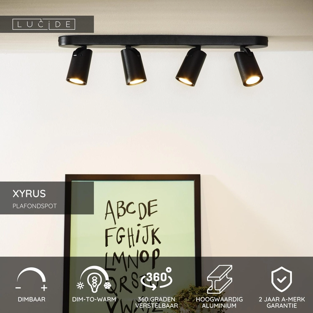Projecteur de plafond Xyrus Noir à 4 lumières Lucide 5411212234216