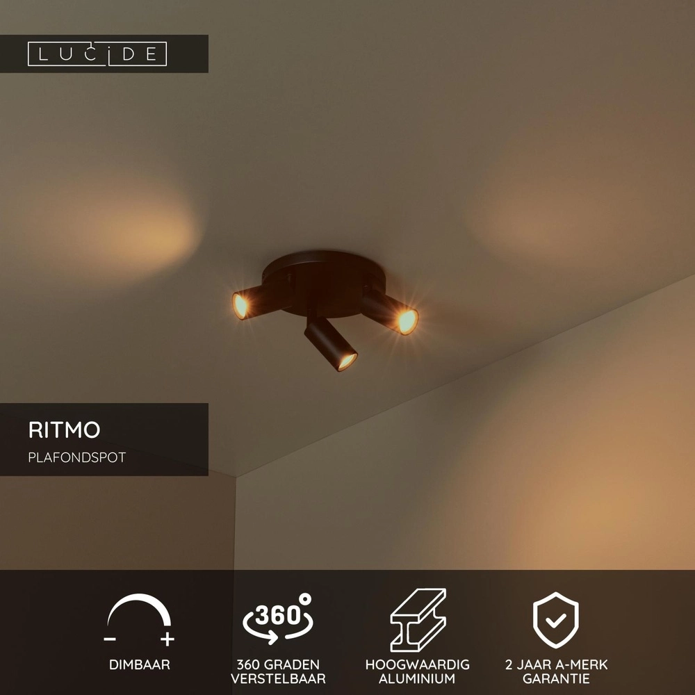 Projecteur de plafond Ritmo mini GU10 3-light black Lucide 5411212094001