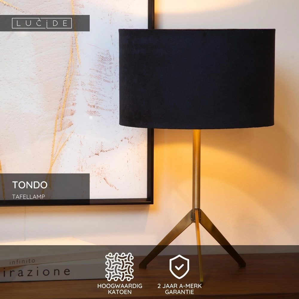Lampe de table trépied Tondo Or avec un chapeau noir Lucide 5411212452351