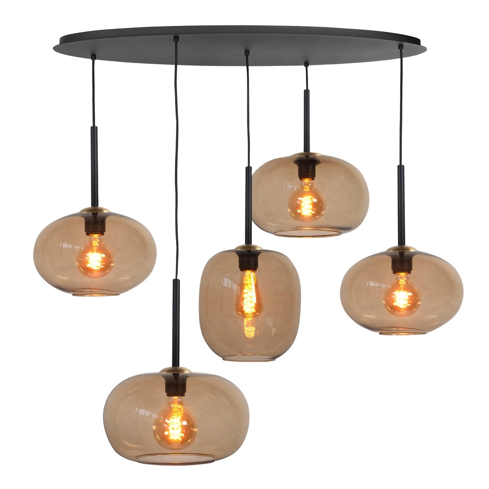 Suspension Bellini noir avec verre brun 5 lumières Suspension Bellini noir avec verre brun 5 lumières