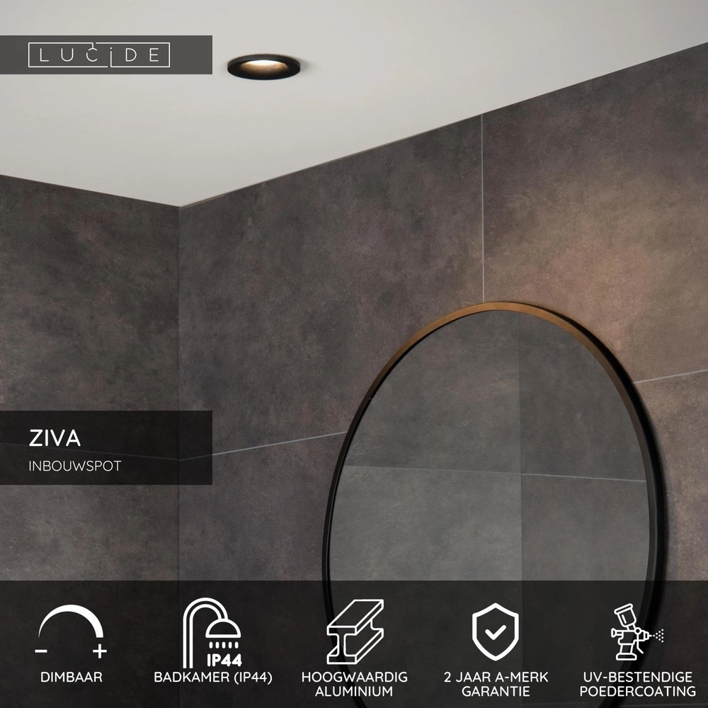 Projecteur encastré Ziva IP44 noir Ø 8,4cm Lucide 5411212092175