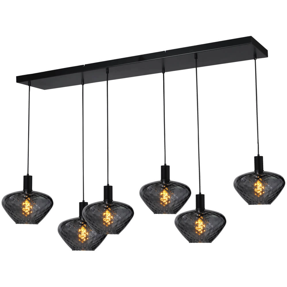 Lampe suspendue 6 lumières - noire - Porto avec des verres à fumée Blossom