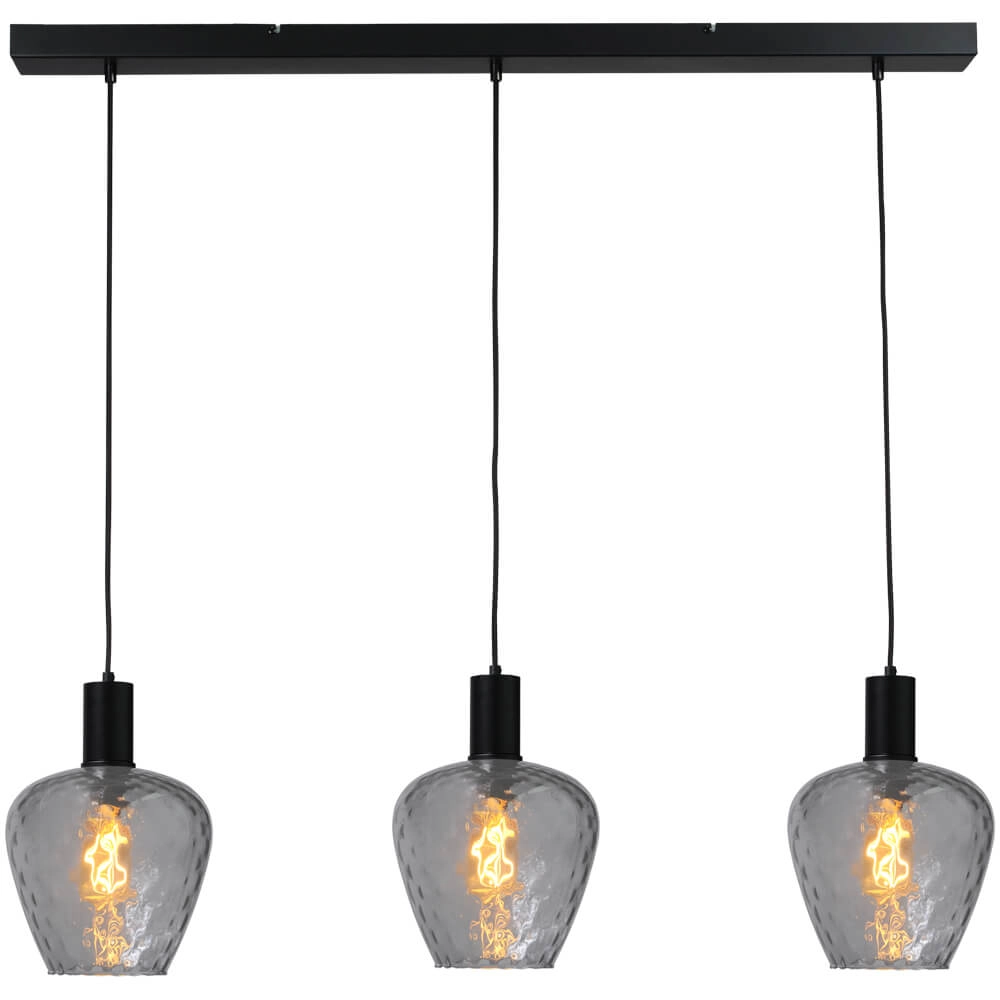 Lampe suspendue 3 lumières - noire - Porto avec des verres à fumée Diamond