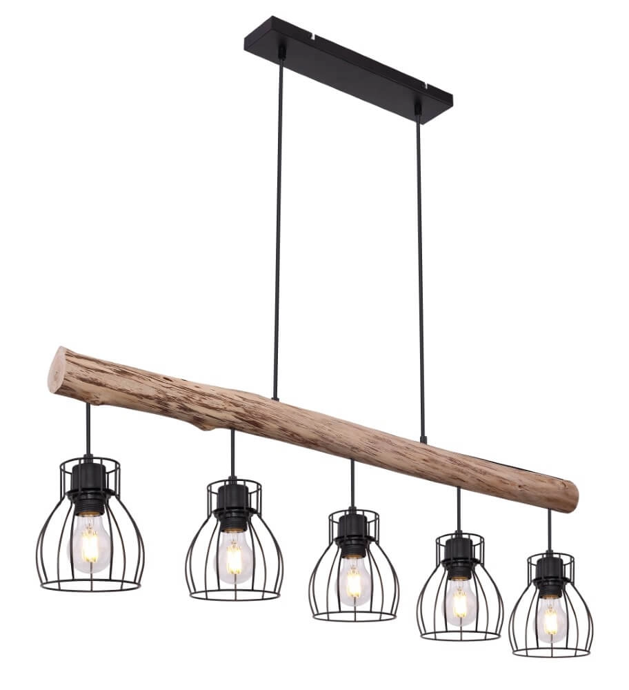 Lampe suspendue Mina noir avec bois 5 lumières Lampe suspendue Mina noir avec bois 5 lumières