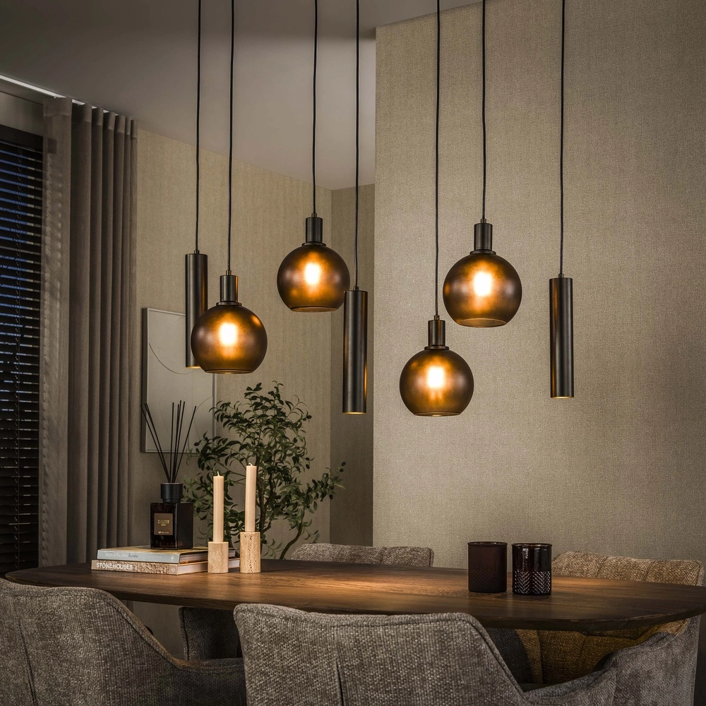 Lampe pendante de table à manger Sfera avec des boules de verre et des pendentifs