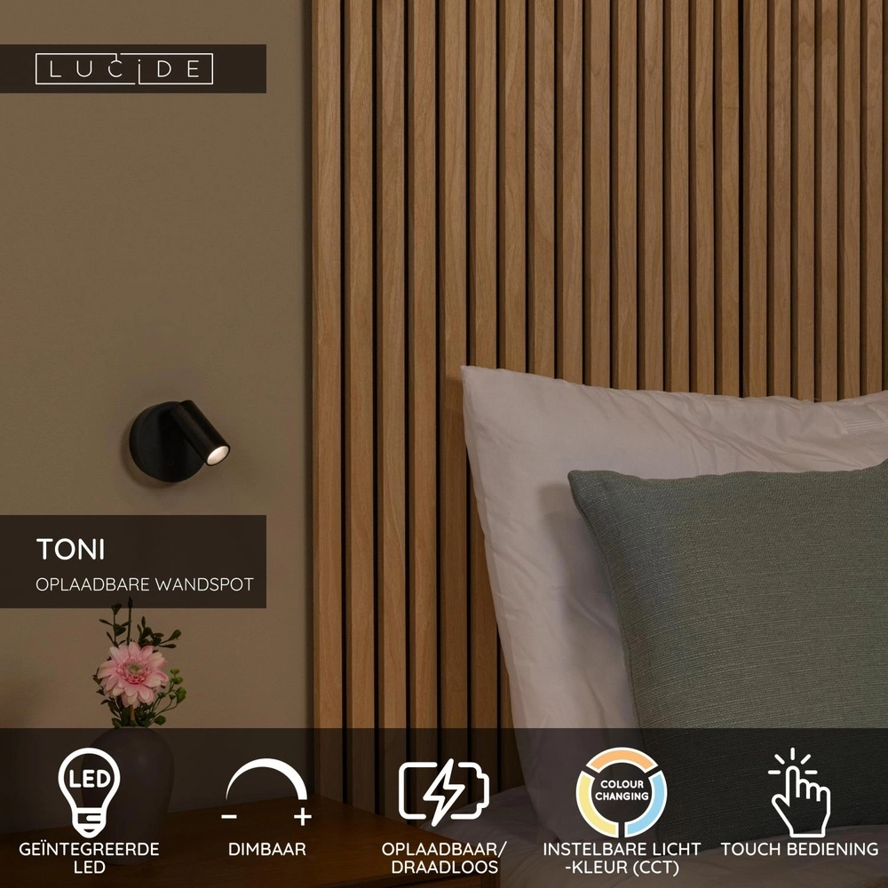 Lampe murale rechargeable Toni Noir magnétique Lucide 5411212290540