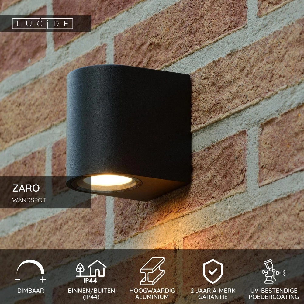 Projecteur mural Zaro IP44 noir simple Lucide 5411212690081