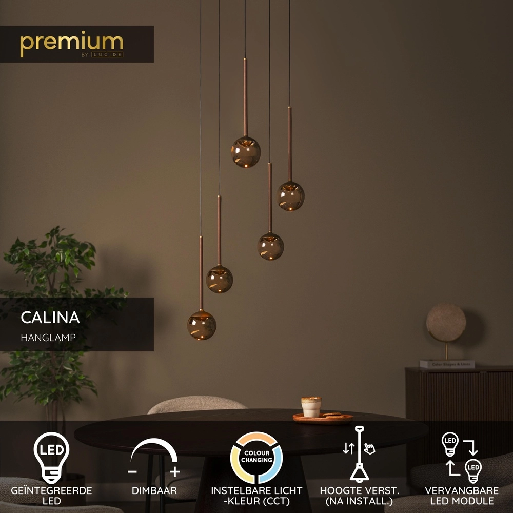 Lampe pendante de conception Calina 5-lumière avec des sphères ambrées Premium by Lucide 5411212242150