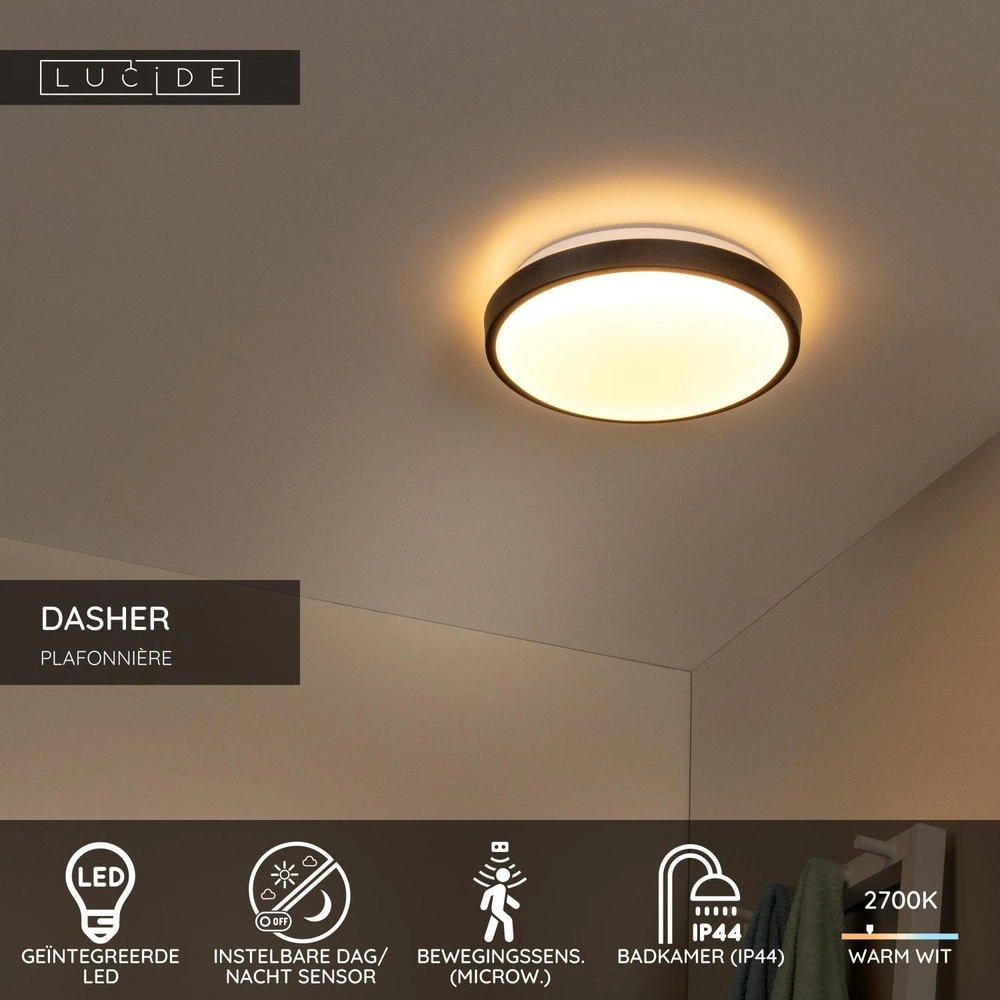 Lumière noire au plafond Dasher Ø 29,3cm IP44 pour la salle de bain Lucide 5411212792075